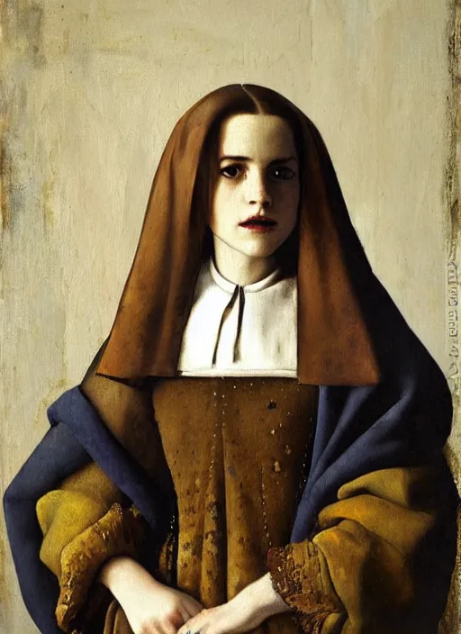 Prompt: portrait of emma watson, oil painting by johannes vermeer, 1 7 th century, art, oil on canvas, wet - on - wet technique, realistic, expressive emotions, intricate textures, illusionistic detail