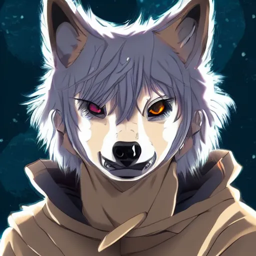 Image similar to key anime visual portrait of an anthropomorphic anthro wolf fursona, in a jacket, with handsome eyes, official modern anime art