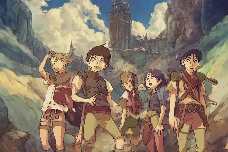 Image similar to cell shaded key visual of a group of adventurers find treasure in a dungeon, in the style of studio ghibli, moebius, makoto shinkai,