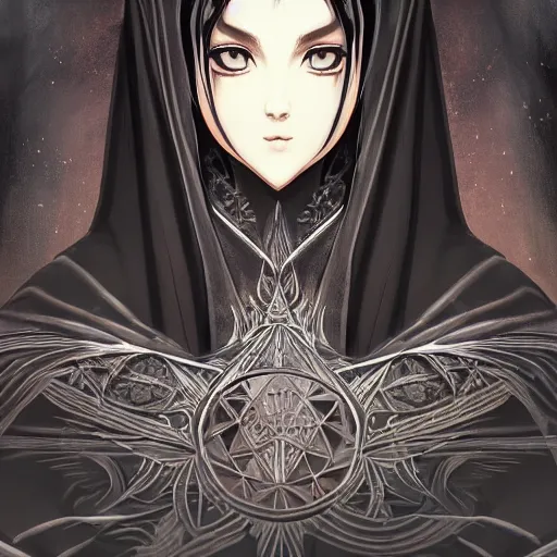 Image similar to Be Occult, a worshipper of the dark arts, donned in an ebony cloak, fantasy, intricate, elegant, highly detailed, digital painting, artstation, concept art, shining, sharp focus, illustration, art by stanley lau in the style of anime