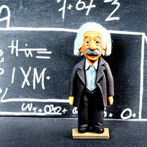 Prompt: claymation miniature scene of albert einstein standing in front of miniature blackboard with lots of mathematical formulas chalked on