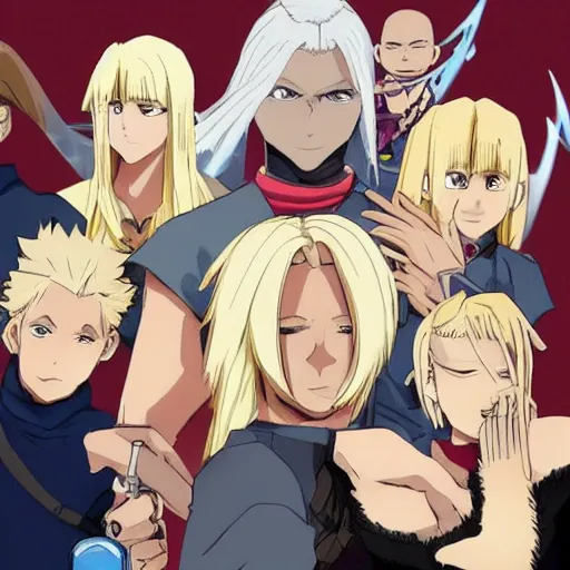 Prompt: young blonde boy fantasy thief in a tavern surrounded by dark skinned friends and light skinned friends, full metal alchemist, anime style