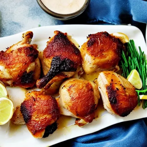 Image similar to delicious platter of roasted chicken thighs.