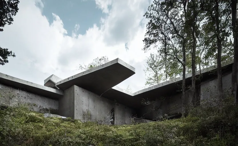Prompt: Neo-future brutalist house on a secluded mountain with trees around