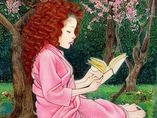 Image similar to beautiful little girl with long curly red hair dressed in a pink kimono and sitting next to a tree while reading a book, artwork made by ayami kojima, inspired in balthus, anatomically correct, higher details, realistic