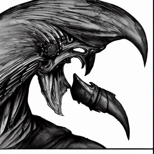 Image similar to crow skull helmet, headshot, side elevation, fantasy, dark souls, b & w, concept art