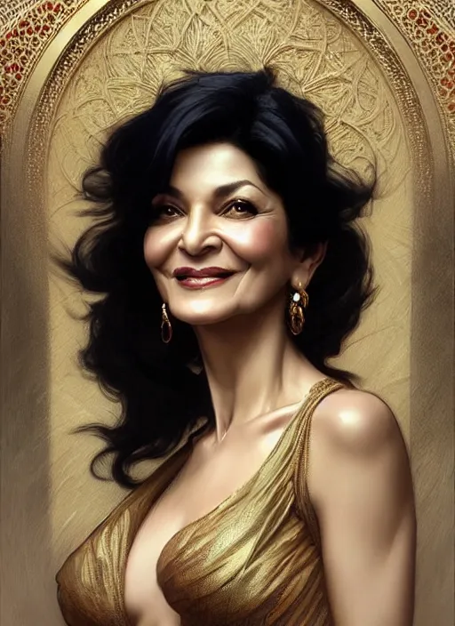 Image similar to “ shohreh aghdashloo as femme fatale smiling and winking, intricate, elegant, highly detailed, digital painting, artstation, concept art, smooth, sharp focus uhd 8 k, art by artgerm and greg rutkowski and alphonse mucha ”