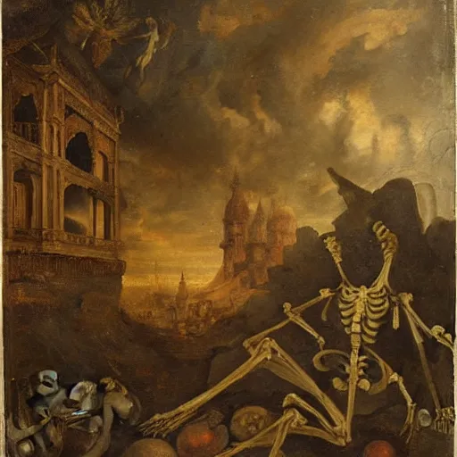 Image similar to In the center of the painting is a large gateway that seems to lead into abyss of darkness. On either side of the gateway are two figures, one a demon-like creature, the other a skeletal figure. in India by David B. Mattingly, by Frans Francken the Younger funereal