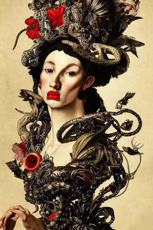 Image similar to Detailed maximalist portrait with large lips and with large white eyes, angry expression, HD mixed media, 3D collage, highly detailed and intricate surrealism, illustration in the style of Caravaggio, dark art, baroque