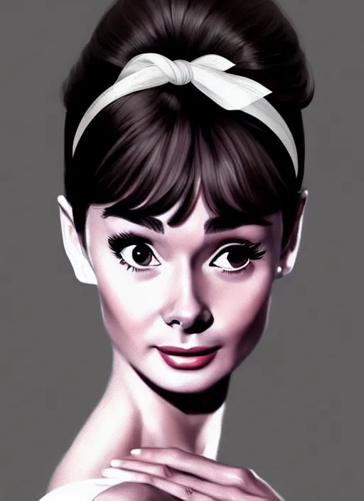 Image similar to portrait of audrey hepburn with bangs, 1 9 6 0 s, long hair, white hairband, bangs, intricate, elegant, glowing lights, highly detailed, digital painting, artstation, concept art, smooth, sharp focus, illustration, art by wlop, mars ravelo and greg rutkowski