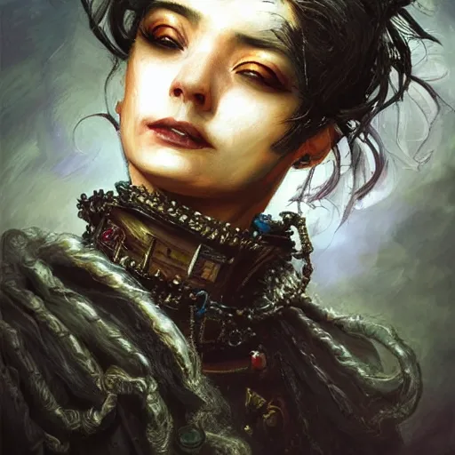 Image similar to portrait, headshot, insanely nice hair style, dramatic hair color, background smoke, digital painting, of a old 17th century, old cyborg merchant, amber jewels, baroque, ornate clothing, scifi, realistic, hyperdetailed, chiaroscuro, concept art, art by Franz Hals and Jon Foster and Ayami Kojima and Amano and Karol Bak,