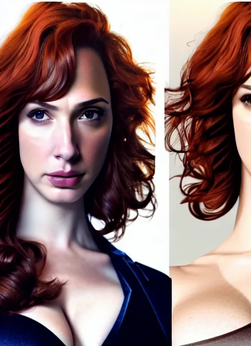 Prompt: a gorgeous christina hendricks and gal gadot hyrid, photo, professionally retouched, soft lighting, torso, legs, feet, long coat, realistic, smooth face, perfect eyes, wide angle, sharp focus on eyes, 8 k high definition, insanely detailed, intricate, elegant, art by artgerm, snowy winter