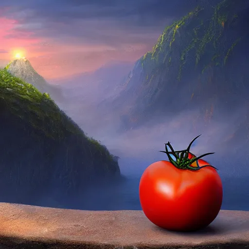 Image similar to a beautiful matte painting of a very beautiful tomato in a fantasy landscape, by steve argyle and mark arian