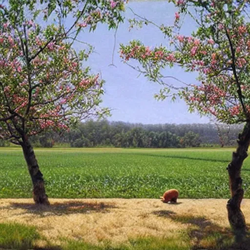 Prompt: dismal pine green by david ligare, by steve hanks. a beautiful photograph depicting a farm scene. the photograph shows a view of an orchard with trees in bloom.