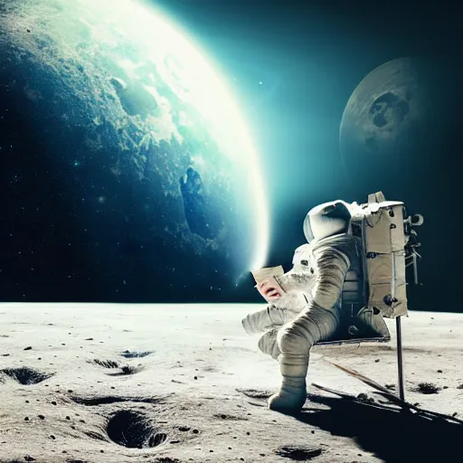 Image similar to astronaut on the Moon sitting on a bench reading a book, Planet Earth visible over the horizon, rim lighting, cinematic lighting, photo realistic image, 4K, super detailed, cinematic look, H 1024