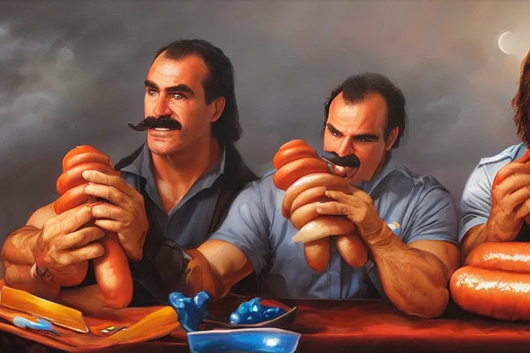 Image similar to portrait of wwf rick rude and wwf jake roberts sharing hotdogs, an oil painting by ross tran and thomas kincade