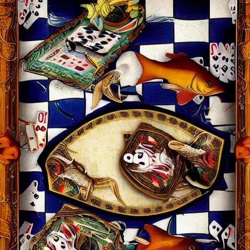 Image similar to two fishes sitting at a table playing cards at the bottom of the sea, the table has a checkered table cloth, lowbrow surrealistic, in the style of mark ryden,