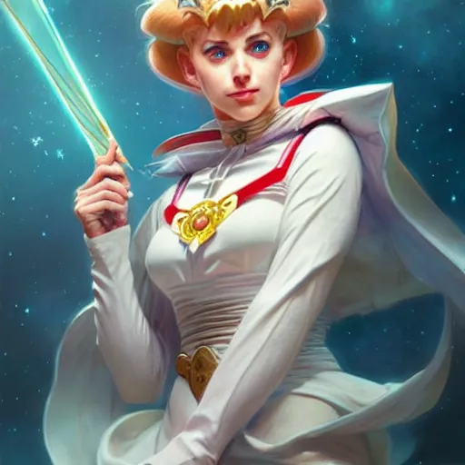 Image similar to Mark Hamill as Sailor Moon, western, D&D, fantasy, intricate, elegant, highly detailed, digital painting, artstation, concept art, matte, sharp focus, illustration, art by Artgerm and Greg Rutkowski and Alphonse Mucha