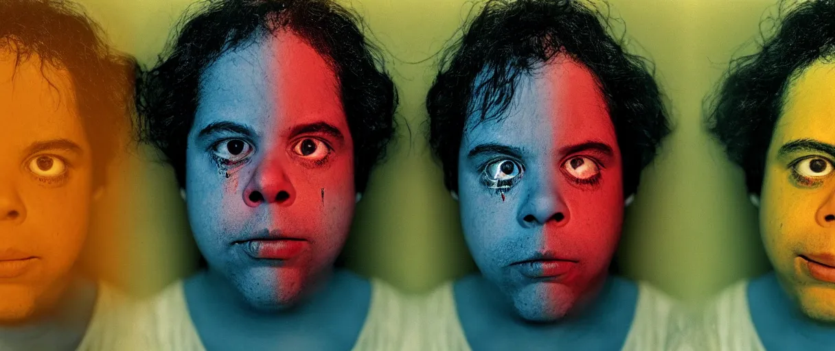 Image similar to award winning photo of a todd solondz charles thompson iv, sad and happy, crying and smiling franticly, vivid colors, happy, symmetrical face, beautiful eyes, studio lighting, wide shot art by sally mann & arnold newman