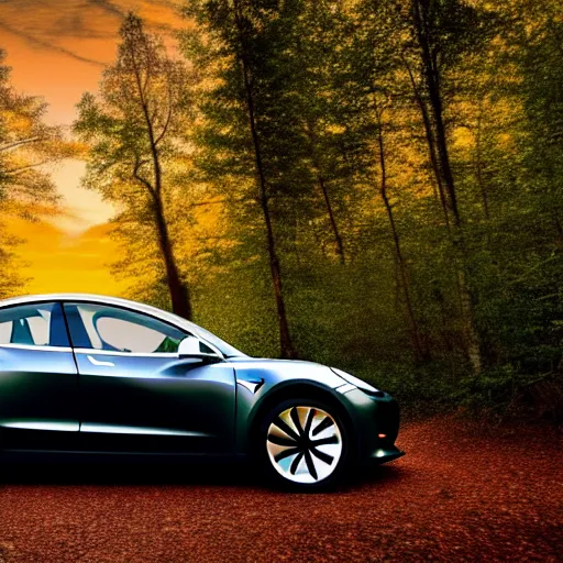 Prompt: renaissance painting of a tesla model 3 in a forest at sunset