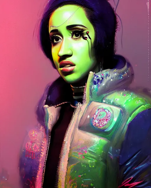 Image similar to detailed side profile portrait Cardi B, cyberpunk futuristic neon, reflective puffy coat, decorated with traditional Japanese ornaments by Ismail inceoglu dragan bibin hans thoma greg rutkowski Alexandros Pyromallis Nekro Rene Maritte Illustrated, Perfect face, fine details, realistic shaded, fine-face, pretty face