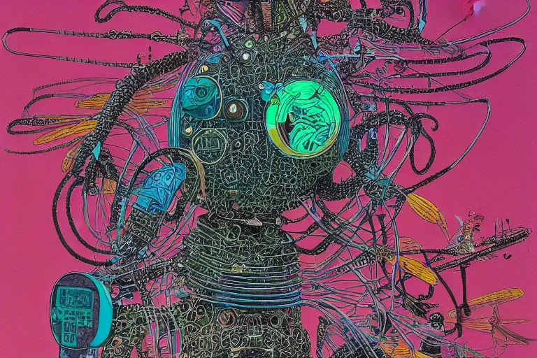 Image similar to risograph grainy drawing vintage sci - fi, satoshi kon color palette, arzach bird covered with robot parts and wires, wearing futuristic layered scaphander with lot tentacles, insects and dragonflies around, painting by moebius and satoshi kon and dirk dzimirsky close - up portrait