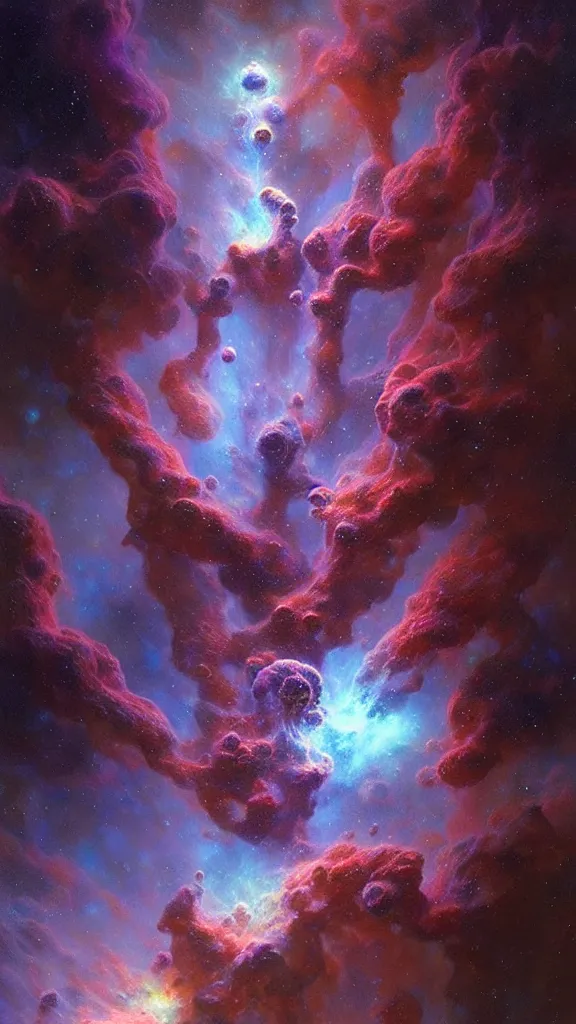 Image similar to psychedelic transcendent puffs! of smoke, space, supernova, nebulae, pillars of creation, high contrast lighting, highly detailed, concept art, art by collier, albert aublet, krenz cushart, artem demura, alphonse mucha