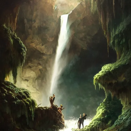 Image similar to an extremely detailed matte painting of a throuple dancing in a cavern behind a waterfall, epic fantasy, viewed in profile from far away, sharp focus, detailed face, art by greg rutkowski and alphonse mucha, volumetric lighting, 4 k resolution, trending on artstation, masterpiece