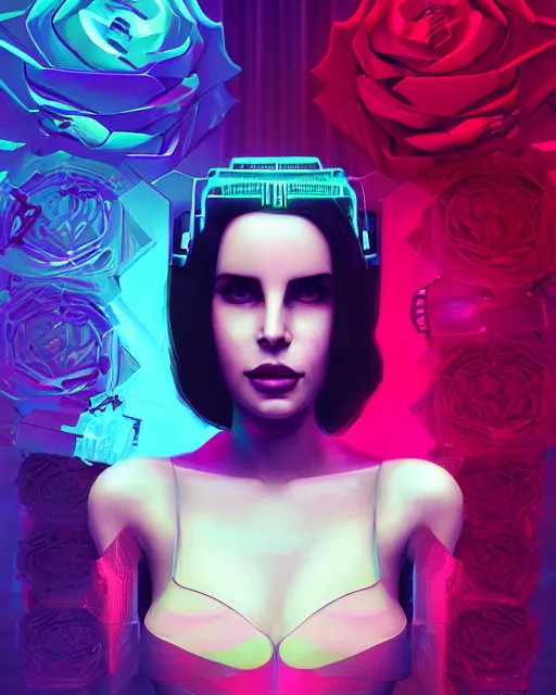 Image similar to portrait of lana del rey as a cyberpunk cyborg. sci - fi intricate abstract upper body intricate artwork, roses, rose petals by tooth wu, wlop, beeple, dan mumford. concept art, octane render, trending on artstation, greg rutkowski, asymmetrical, cinematic arthouse, key art, hyper realism, iridescent accents