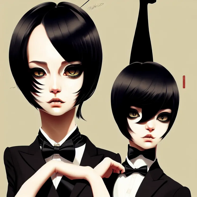 Prompt: a humanoid two cat, slim cruel business girl in tuxedo with black bob hair, elegant, 2 d, ultra highly detailed, digital painting, smooth, sharp focus, artstation, art by ilya kuvshinov!