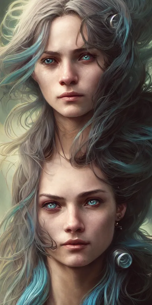 Image similar to portrait of a young ruggedly beautiful but joyful cyborg, female, femenine, upper body, aquamarine color hair, long hair, d & d, fantasy, piercing eyes, intricate, elegant, highly detailed, digital painting, artstation, concept art, matte, sharp focus, illustration, art by artgerm and greg rutkowski and alphonse mucha