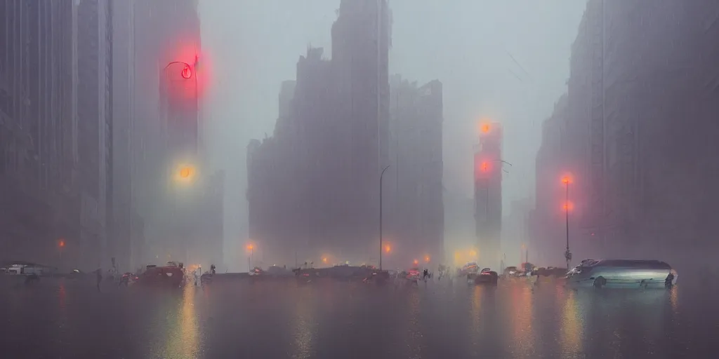 Image similar to Mumbai city by Simon Stålenhag, Matte Painting, heavy rains, traffic lights, fog