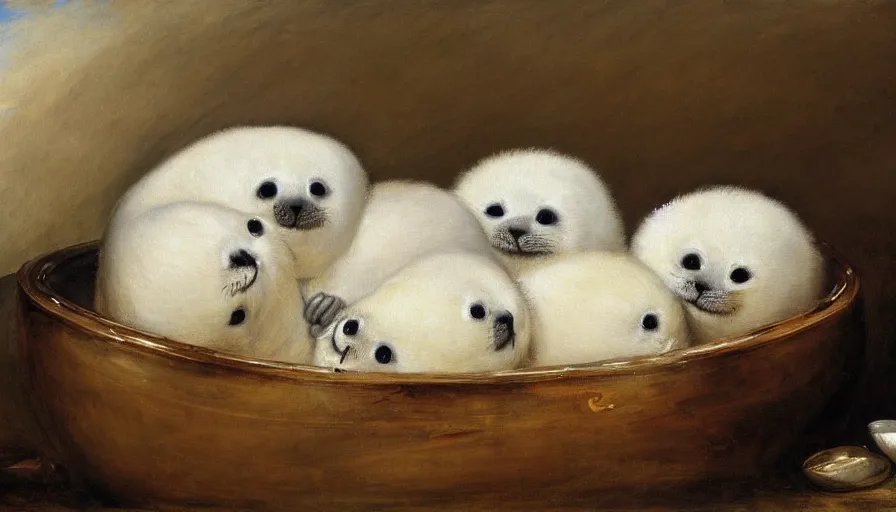 Image similar to highly detailed painting of cute furry white baby seals cuddling up in a fruit bowl with ice by william turner, thick brush strokes and visible paint layers, 4 k resolution