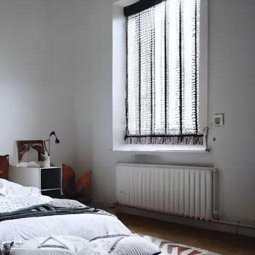 Prompt: Bedroom with Minimalistic Art on the walls, white furniture, Multi colored Mandala Rug, big windows with sunlight coming in