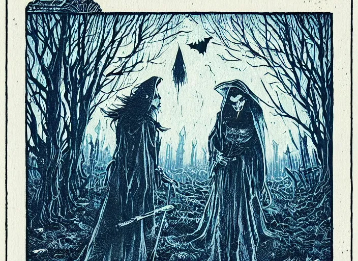 Image similar to blue woodcut print, halloween witch in graveyard at midnight by greg rutkowski, fine details, highly detailed