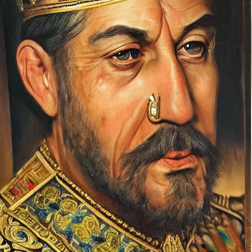 Image similar to king of Kurdistan, Mahmud Barzanji, royal portrait, award winning oil painting, incredibly detailed, insanely beautiful, symmetrical face, realistic