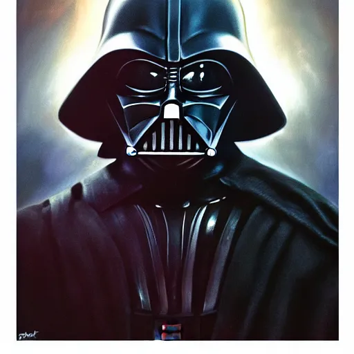 Image similar to an ultra - realistic portrait painting of darth vader in the style of frank frazetta. 4 k. ultra - realistic. highly detailed. dark fantasy. epic lighting.