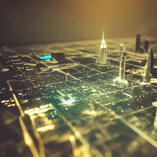 Image similar to hologram of futuristic city on a table, 1 2 0 mm, cinematic