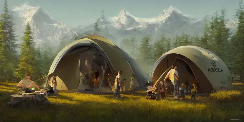 Image similar to cabela's tent futuristic pop up family pod, cabin, modular, person in foreground, mountainous forested wilderness open fields, beautiful views, painterly concept art, joanna gaines, environmental concept art, farmhouse, magnolia, concept art illustration by ross tran, by james gurney, by craig mullins, by greg rutkowski trending on artstation