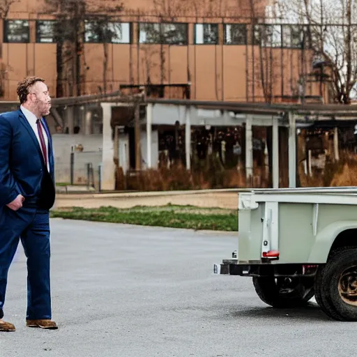 Prompt: the chubby white man stood patiently on the trailer lot, his legs spread apart, wearing an olive green overcoat, dark gray chalk stripe three-piece suit, a blue dress shirt with white cuffs and collars, a midnight blue necktie, and a pair of dirty wheat Timberland work Boots