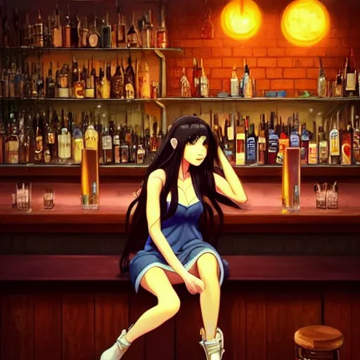 Image similar to a beautiful girl with long dark hair, sitting alone at a bar, night time, intricate, highly detailed, digital painting, artstation, official media, anime key visual, concept art, rich vivid colors, ambient lighting, sharp focus, illustration, art by Artgerm, Makoto Shinkai, Ilya Kuvshinov, Lois Van Baarle, and Rossdraws