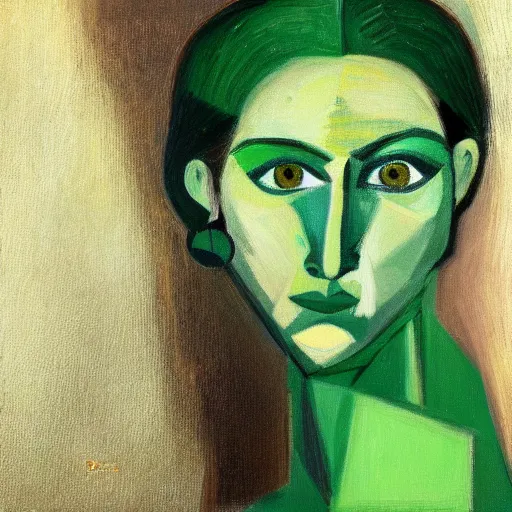 Prompt: Intricate five star Beautiful Green eyes Lady facial portrait by Pablo Picasso, oil on canvas, HDR, high detail, Photo realistic, hyperrealism,matte finish, high contrast, 3d depth, masterpiece, vivid and vibrant colors, enhanced light effect, enhanced eye detail,artstationhd