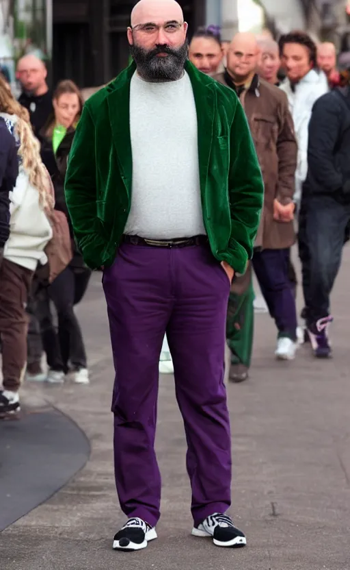 Prompt: a bald man with a chin - style dark brown beard without mustache in a full black hat, green jacket, purple pants and white sneakers in full height, perfect face