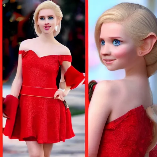 Image similar to beautiful gorgeous cute young elf princess Anna Taylor-Joy blonde hair blue eyes blushed in red dress