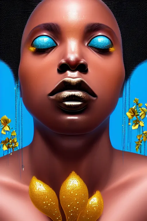 Prompt: hyperrealistic precisionist cinematic profile very expressive! black oshun goddess, in water! up to shoulders, mirror dripping droplet!, gold flowers, highly detailed face, digital art masterpiece, smooth eric zener cam de leon, dramatic pearlescent turquoise light on one side, low angle uhd 8 k, overexposed, shallow depth of field