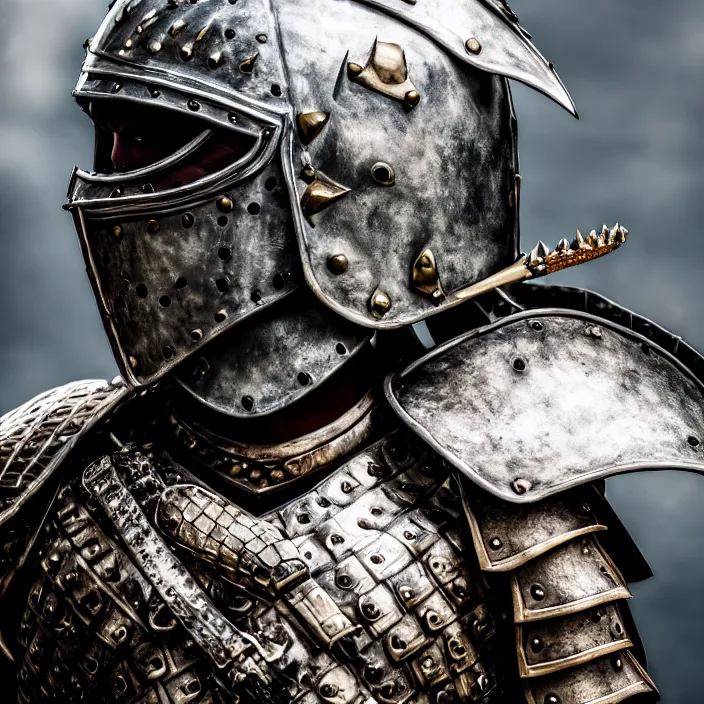 Prompt: photo of a warrior with metal crocodile themed armour and helmet, highly detailed, 4 k, hdr, smooth, sharp focus, high resolution, award - winning photo