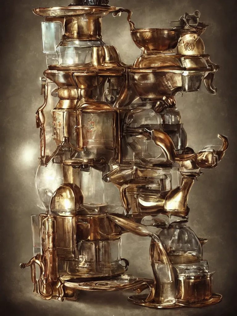 Image similar to product photography of an ancient coffee machine, by Simon Stalenhaag, by Yoshita Amano, by Esao Andrews, sharp focus, fresh colors, conceptart, trending on artstation