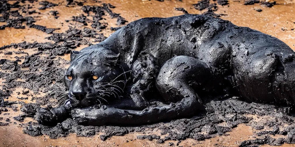 Prompt: a panther, made of tar, bathing inside the tar pit, full of tar, covered with liquid tar. dslr, photography, realism, animal photography, color, savanna, wildlife photography