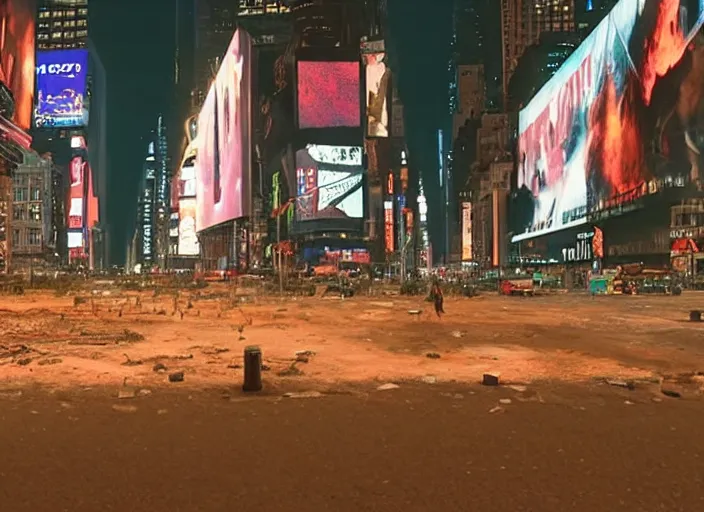 Prompt: film still of post apocalyptic empty time square at midnight, overgrown with wildlife walking through in the new sci - fi movie, 8 k