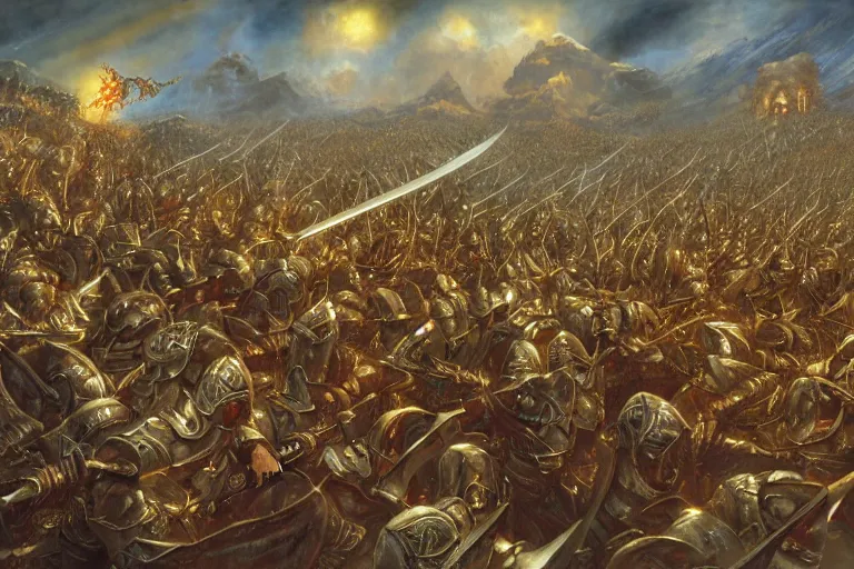 Prompt: high elf hero in gold armor with glorious sword facing hordes of orcs in an epic battle by John Howe